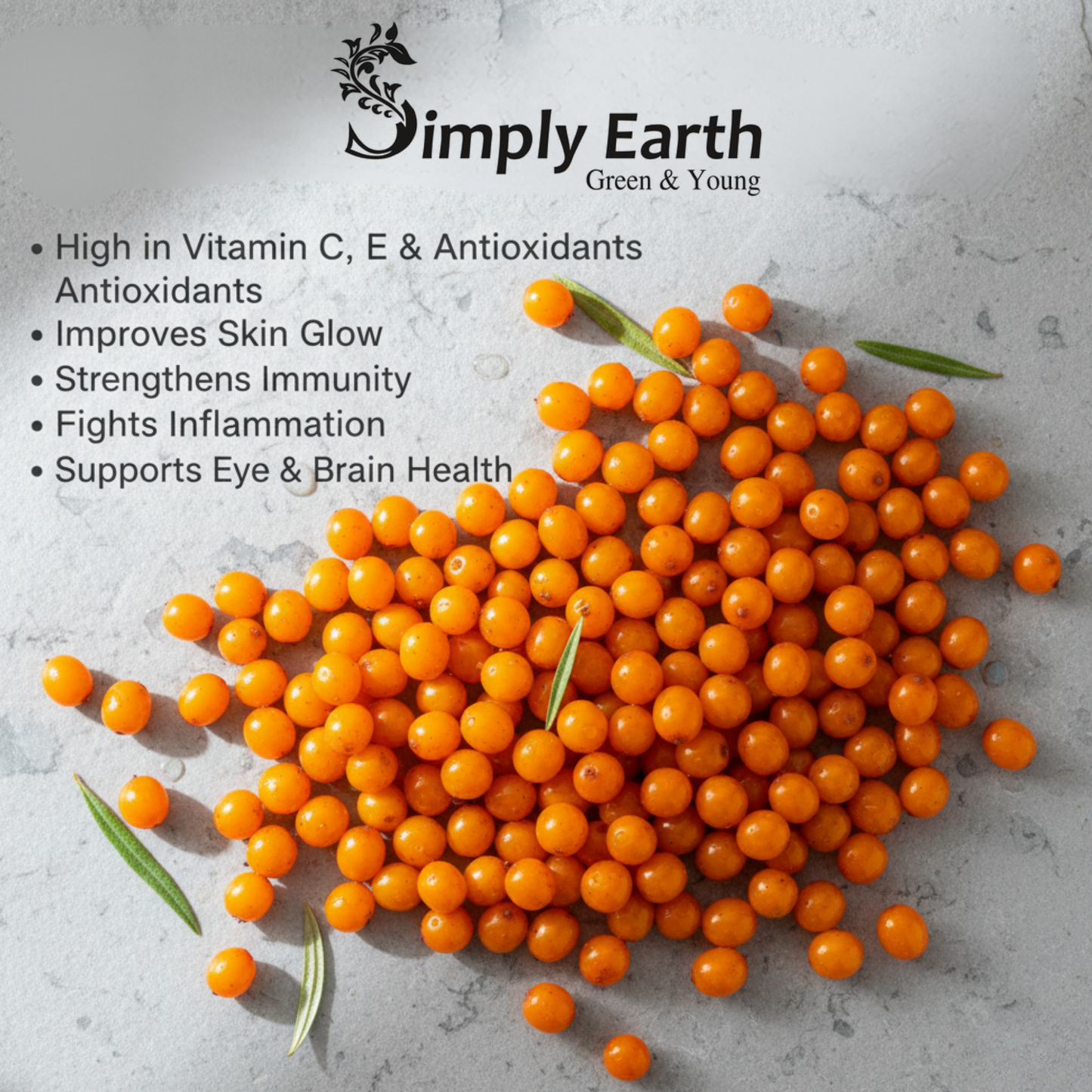 Simply Earth Sea Buckthorn Berries | 100% Natural & Non-GMO | Rich in Vitamin C, Omega 7 & Antioxidants | Boosts Immunity, Skin Glow & Hair Health | No Artificial Flavours - 60g