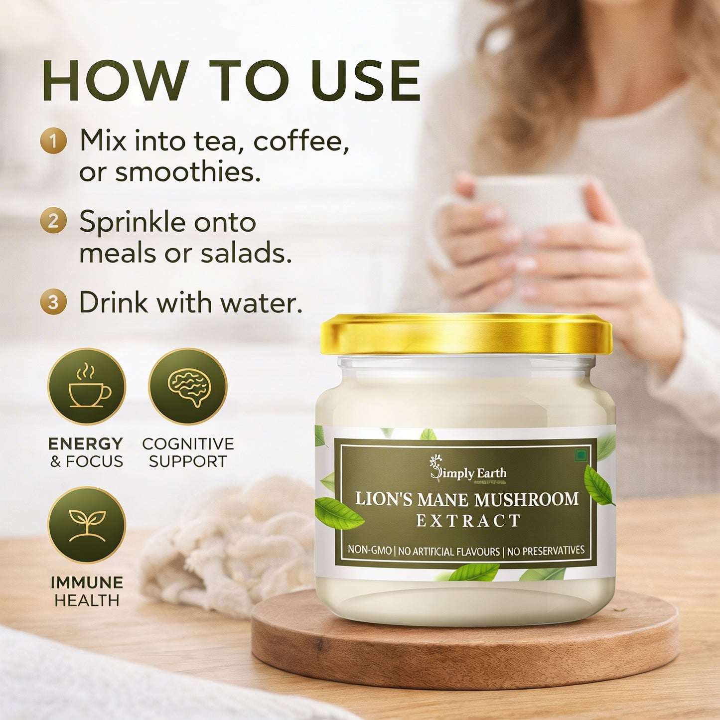 Simply Earth Lion's Mane Mushroom Extract Powder 10:1, (20% Polysaccharides) Improves Memory, Focus and Clarity | 50gm