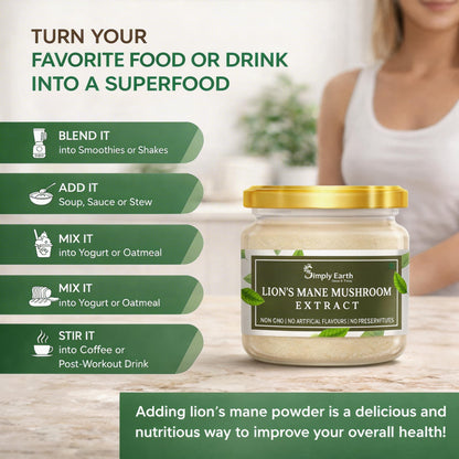 Simply Earth Lion's Mane Mushroom Extract Powder 10:1, (20% Polysaccharides) Improves Memory, Focus and Clarity | 50gm
