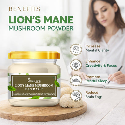 Simply Earth Lion's Mane Mushroom Extract Powder 10:1, (20% Polysaccharides) Improves Memory, Focus and Clarity | 50gm
