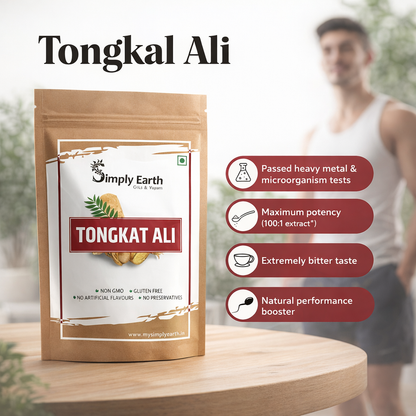 Simply Earth Organic Tongkat Ali Longjack Root Extract Powder 100:1 | Enhanced testosterone level, Vitality, Better Performance, Stamina and Stress tolerance, Vegan Friendly (50GM)