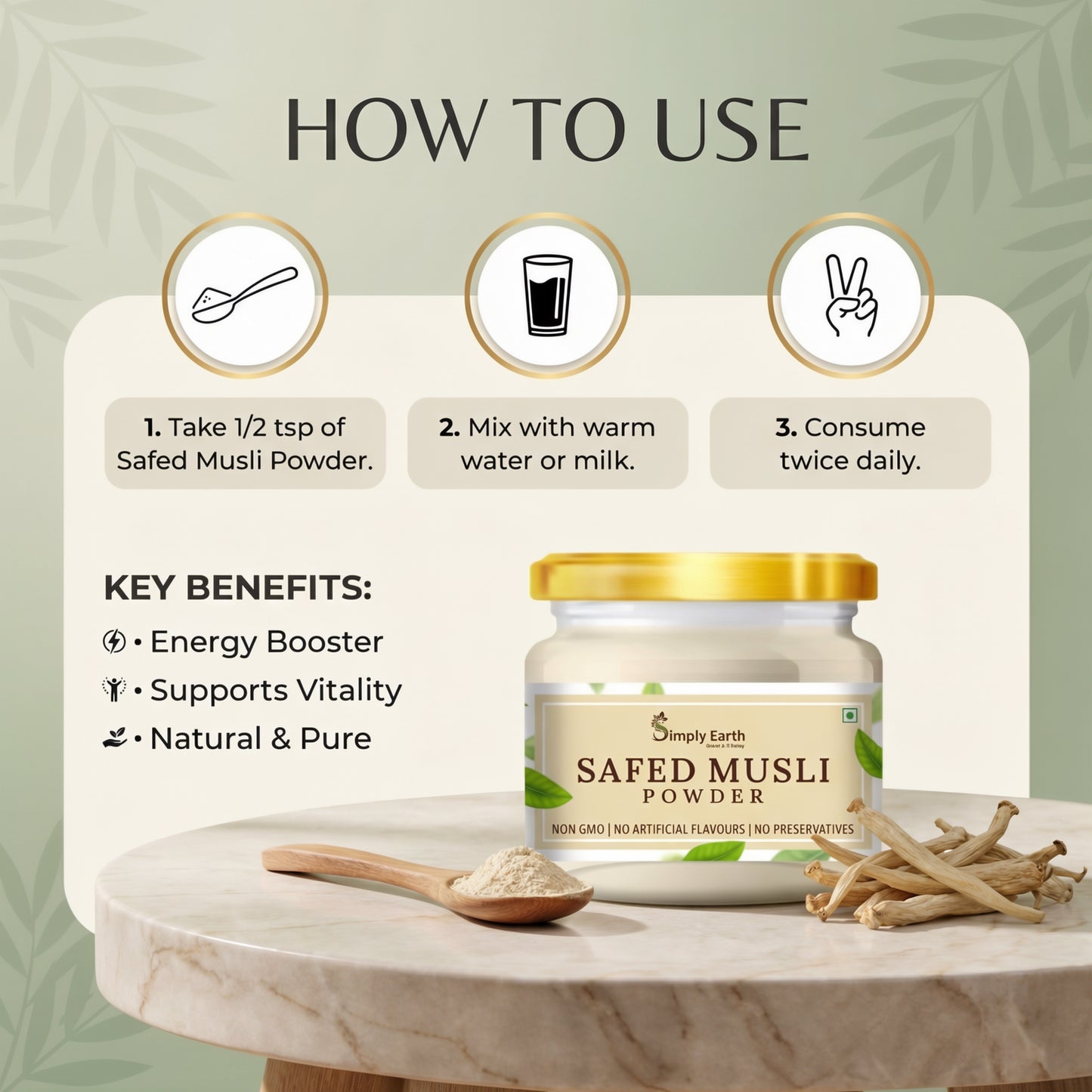 Simply Earth Organic Safed Musli Root Powder | Ayurvedic for Stamina, Performance & Energy | Siva Musli Podi/Shweta Musli Hudi | No Added Preservatives - 100 GM