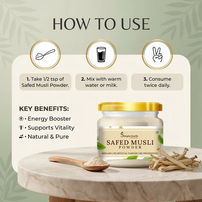 Simply Earth Organic Safed Musli Root Powder | Ayurvedic for Stamina, Performance & Energy | Siva Musli Podi/Shweta Musli Hudi | No Added Preservatives - 100 GM