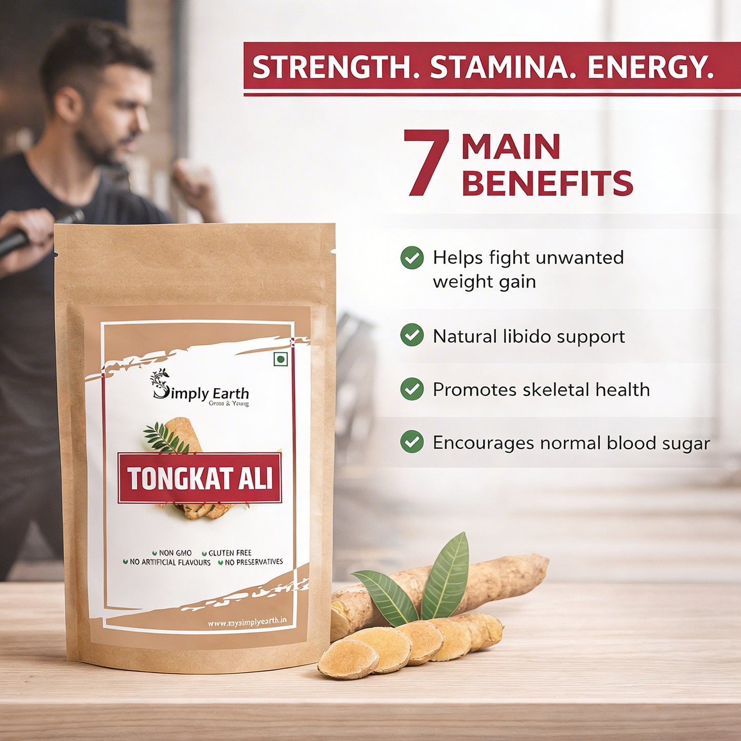 Simply Earth Organic Tongkat Ali Longjack Root Extract Powder 100:1 | Enhanced testosterone level, Vitality, Better Performance, Stamina and Stress tolerance, Vegan Friendly (50GM)