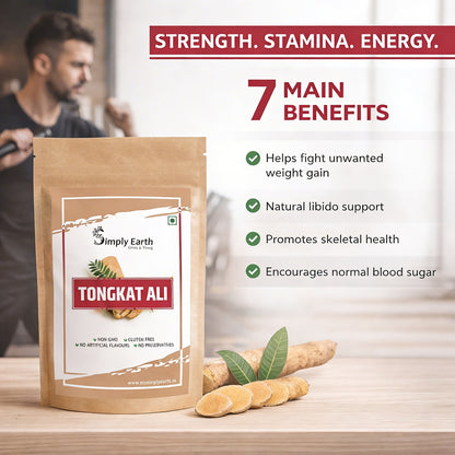 Simply Earth Organic Tongkat Ali Longjack Root Extract Powder 100:1 | Enhanced testosterone level, Vitality, Better Performance, Stamina and Stress tolerance, Vegan Friendly (50GM)