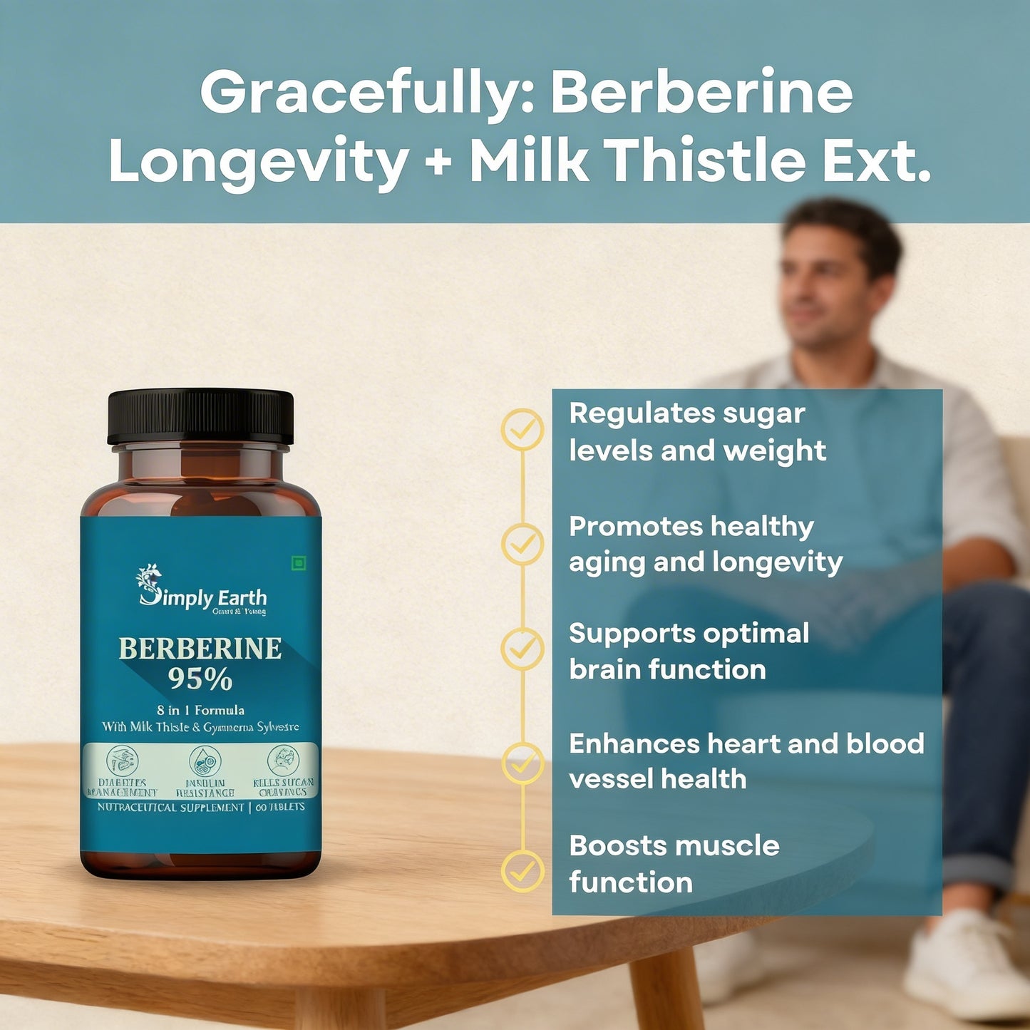 Simply Earth Berberis Berberine 95% (500mg) with Milk Thistle & Cinnamon, Turmeric & Black Pepper - For Optimal Health | Berberine HCL Supplements - 60 Veg Tablets