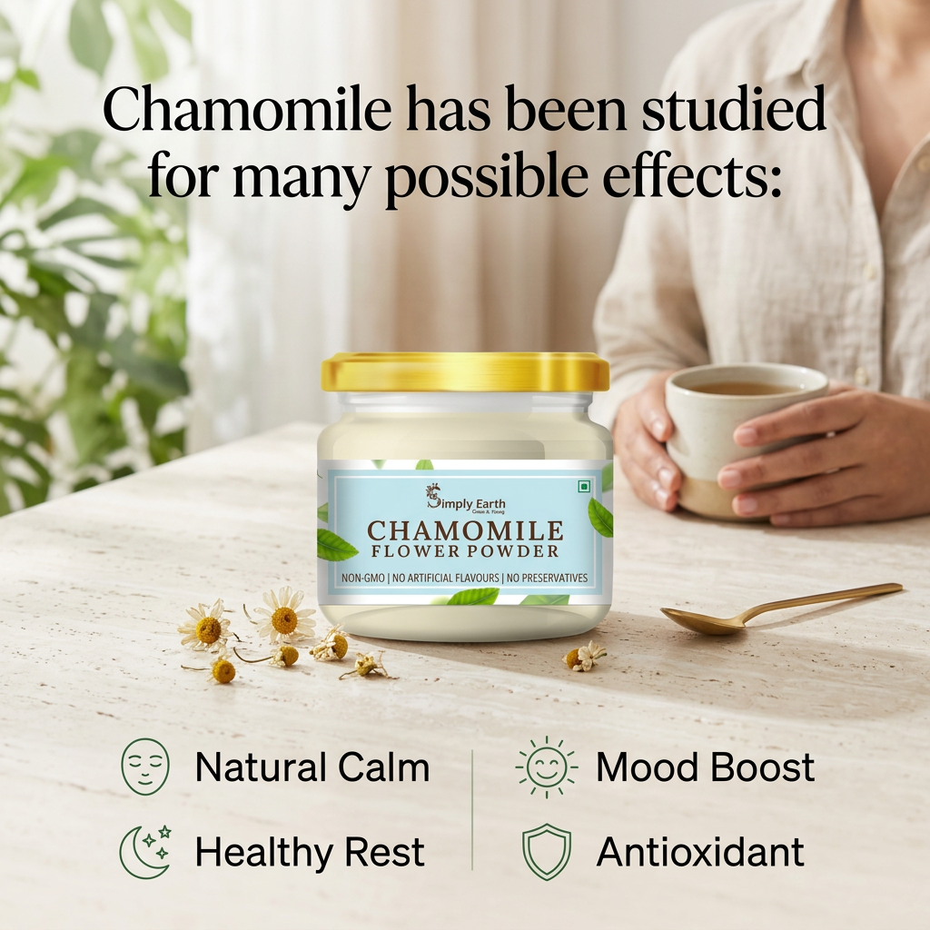 Simply Earth organic Chamomile Flower Powder 100g, Helps Improve Sleep Quality, Boosts Skin and Hair Health, Caffeine Free, Chamomile Tea