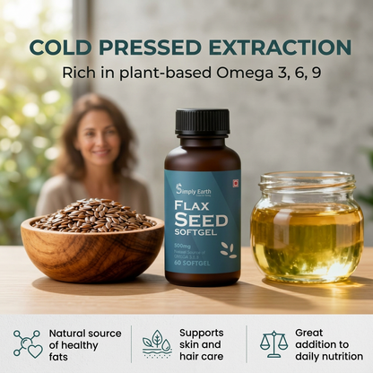 Simply earth Cold Pressed Flax seeds oil Omega with extra Virgin oil, Linolenic Acid, Oleric Acid | Natural Form of omega 369-60 Softgels