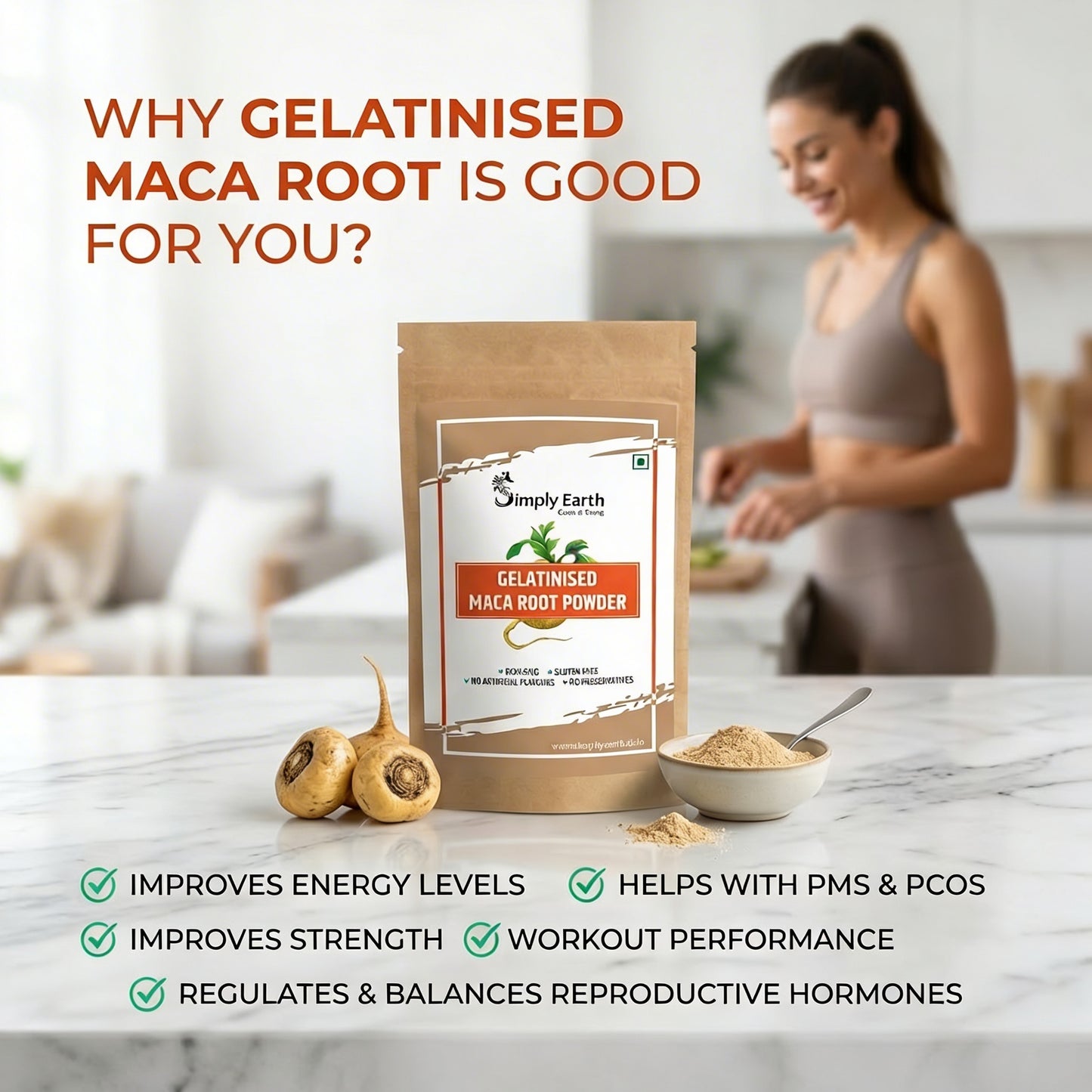 Simply Earth Gelatinised Peruvian Yellow Maca Root Powder, Organic Herbal Supplement | Improves Energy And Stamina | Good For Men And Women - 75 GMS