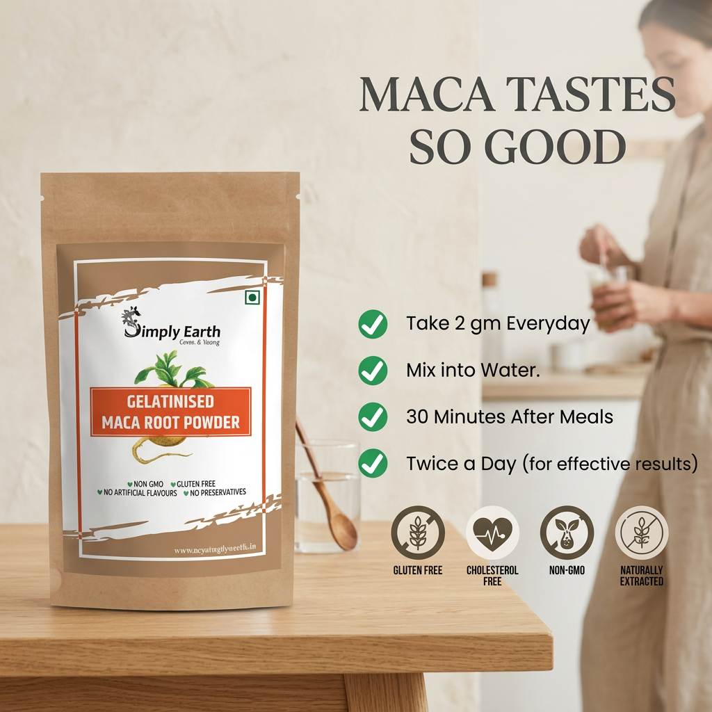 Simply Earth Gelatinised Peruvian Yellow Maca Root Powder, Organic Herbal Supplement | Improves Energy And Stamina | Good For Men And Women - 75 GMS
