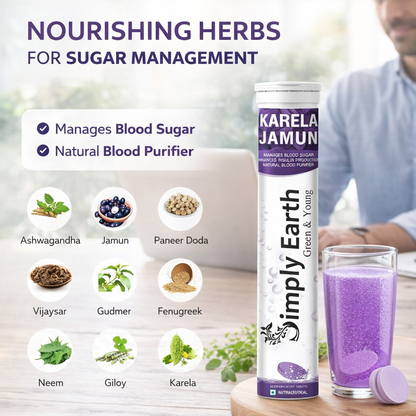 Simply Earth Karela Jamun Fizz Effervescent (Karela Jamun Juice)| Helps in High Sugar Conditions | Herbal Diabetes Management| Boosts Digestive Health| - 40 Effervescent Tablets