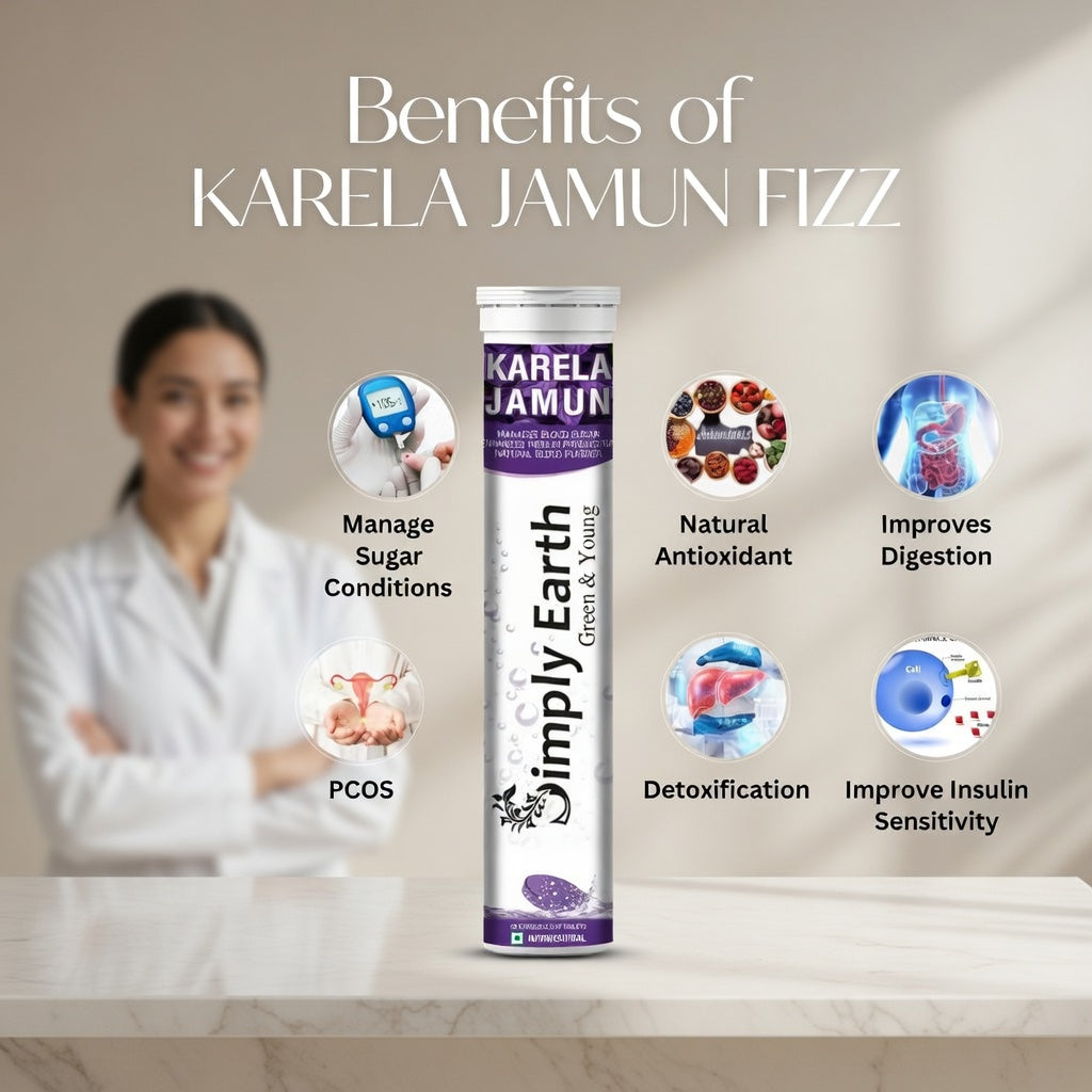 Simply Earth Karela Jamun Fizz Effervescent (Karela Jamun Juice)| Helps in High Sugar Conditions | Herbal Diabetes Management| Boosts Digestive Health| - 40 Effervescent Tablets