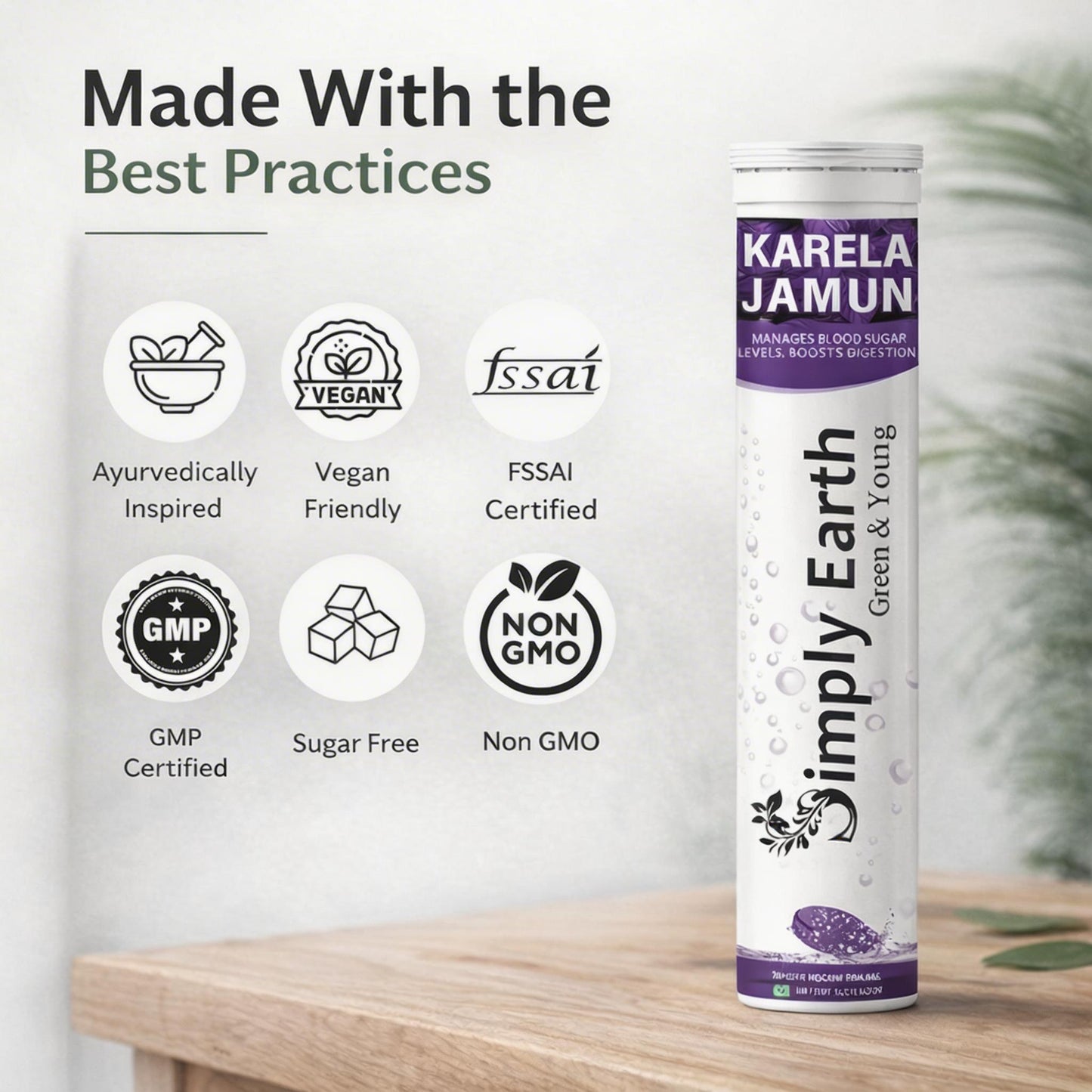 Simply Earth Karela Jamun Fizz Effervescent (Karela Jamun Juice)| Helps in High Sugar Conditions | Herbal Diabetes Management| Boosts Digestive Health| - 40 Effervescent Tablets
