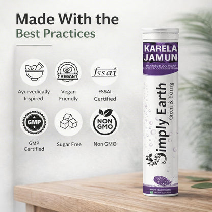 Simply Earth Karela Jamun Fizz Effervescent (Karela Jamun Juice)| Helps in High Sugar Conditions | Herbal Diabetes Management| Boosts Digestive Health| - 40 Effervescent Tablets