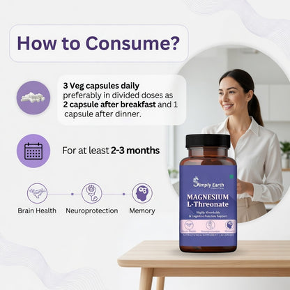 Simply Earth Magnesium L-Threonate, Supports Brain Health & Cognitive Function, Highly Bioavailable Magnesium - 30 Veg Capsules