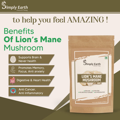 Simply earth Lion's Mane Mushroom Extract Powder 10:1, Improves Memory, Focus, Clarity | 60gm