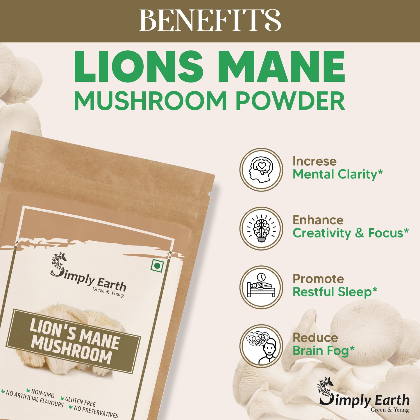 Simply earth Lion's Mane Mushroom Extract Powder 10:1, Improves Memory, Focus, Clarity | 60gm