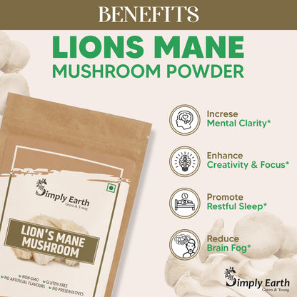 Simply earth Lion's Mane Mushroom Extract Powder 10:1, Improves Memory, Focus, Clarity | 60gm