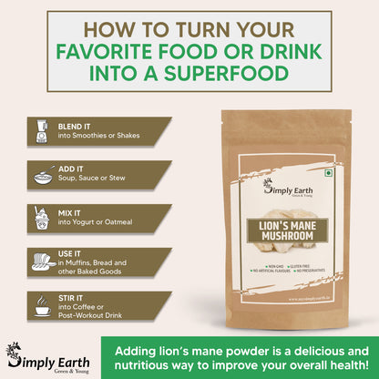 Simply earth Lion's Mane Mushroom Extract Powder 10:1, Improves Memory, Focus, Clarity | 60gm