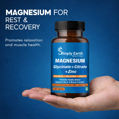 Simply Earth Magnesium Complex supplements - 120 Veg Tablets with Magnesium Glycinate; Citrate; Oxide & added Zinc - Promotes Healthy Bones; Supports Nerve & Muscle Function