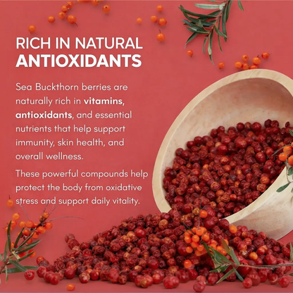Simply Earth Sea Buckthorn Berries | 100% Natural & Non-GMO | Rich in Vitamin C, Omega 7 & Antioxidants | Boosts Immunity, Skin Glow & Hair Health | No Artificial Flavours - 60g