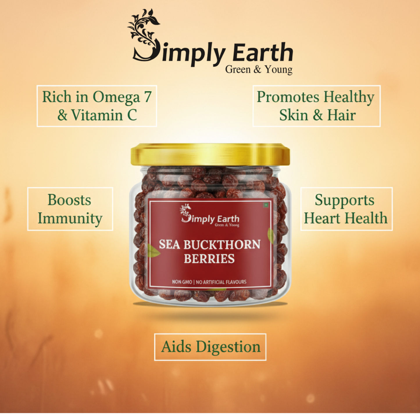 Simply Earth Sea Buckthorn Berries | 100% Natural & Non-GMO | Rich in Vitamin C, Omega 7 & Antioxidants | Boosts Immunity, Skin Glow & Hair Health | No Artificial Flavours - 60g