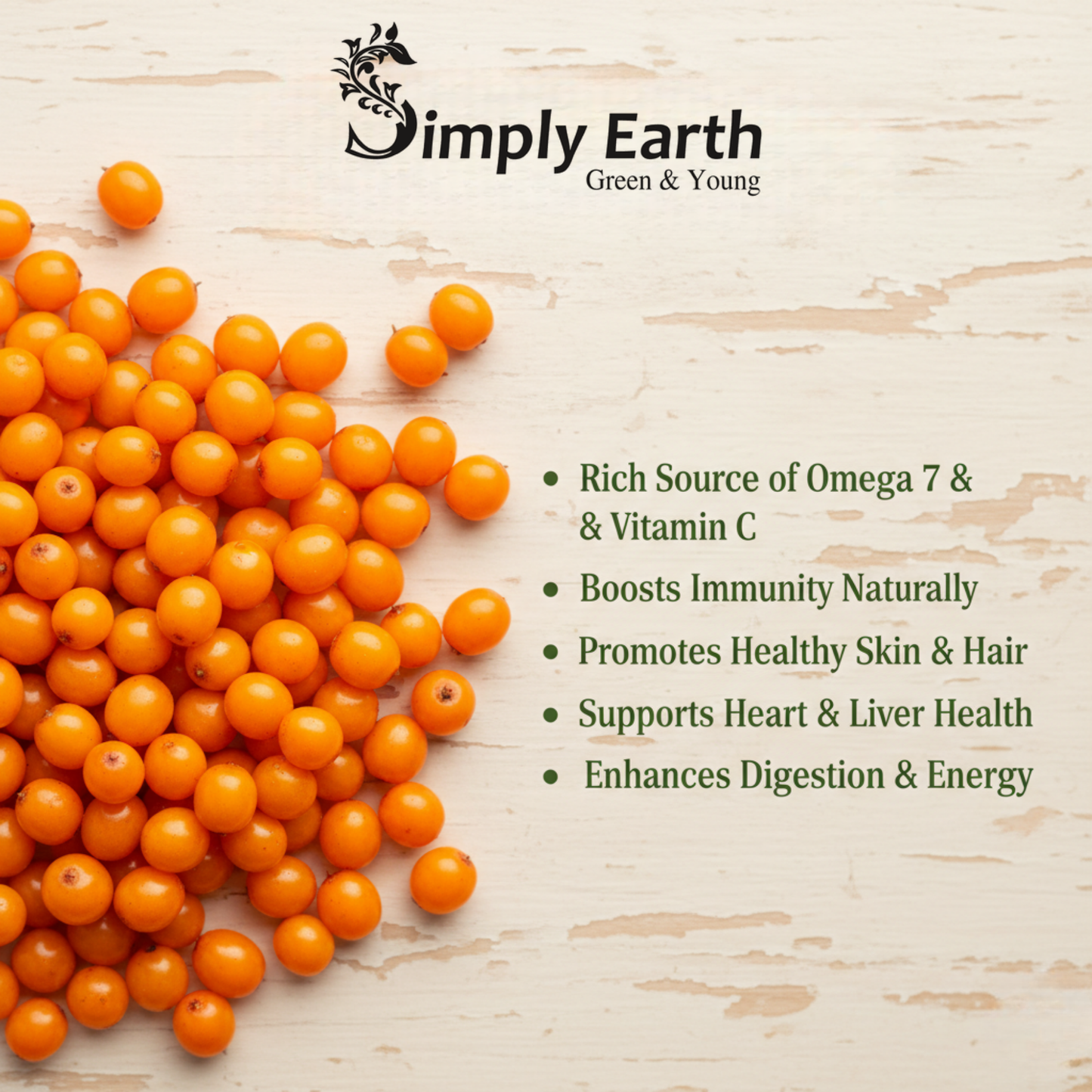Simply Earth Sea Buckthorn Berries | 100% Natural & Non-GMO | Rich in Vitamin C, Omega 7 & Antioxidants | Boosts Immunity, Skin Glow & Hair Health | No Artificial Flavours - 60g