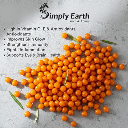 Simply Earth Sea Buckthorn Berries | 100% Natural & Non-GMO | Rich in Vitamin C, Omega 7 & Antioxidants | Boosts Immunity, Skin Glow & Hair Health | No Artificial Flavours - 60g