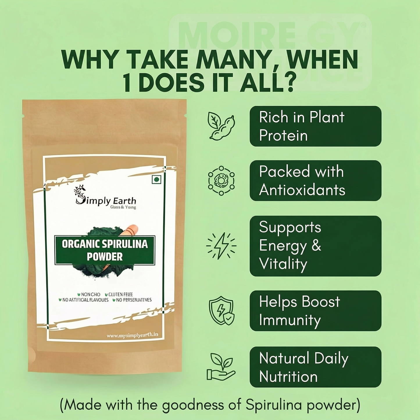 Simply Earth Organic Spirulina Powder for Energy, Digestion & Skin Health | Plant Based Protein Superfood Non-GMO | Immunity Booster, Superfood Supplement & Natural Multivitamin - 100g Veg Powder