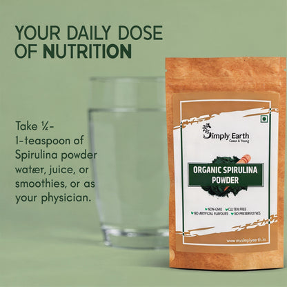 Simply Earth Organic Spirulina Powder for Energy, Digestion & Skin Health | Plant Based Protein Superfood Non-GMO | Immunity Booster, Superfood Supplement & Natural Multivitamin - 100g Veg Powder
