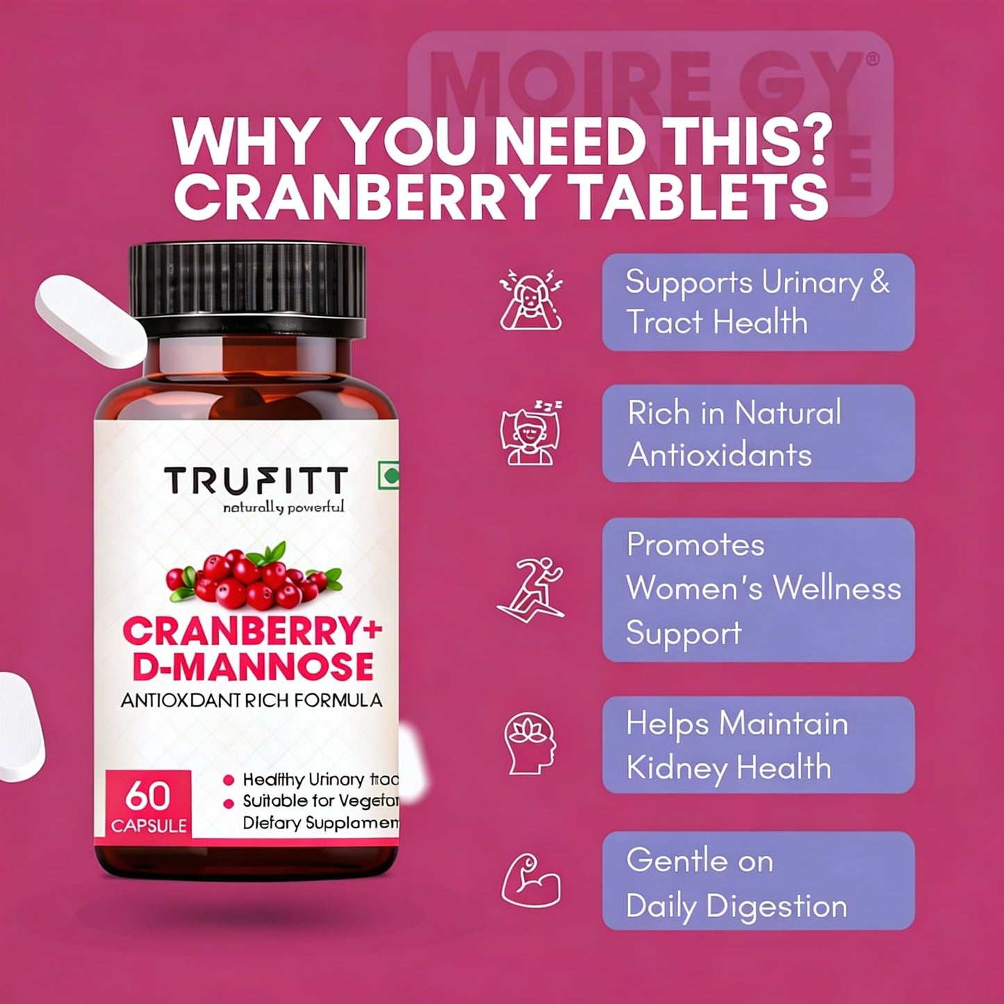 Trufitt Cranberry + D-Mannose Antioxidant For Kidney Health & Urinary Tract Health Support - 60 Capsules